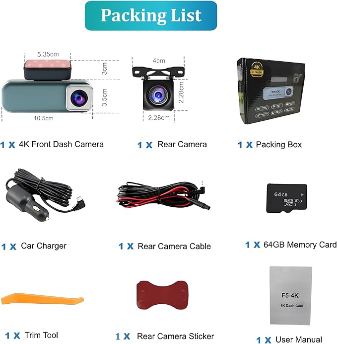 Dash Cam Front and Rear with WiFi, 4K+1080P Dash Camera for Cars, 7Track Dual Car Camera with App Control, 64GB Card, 3.19" IPS Screen, Night Vision, Parking Mode, Loop Recording for Personal Use