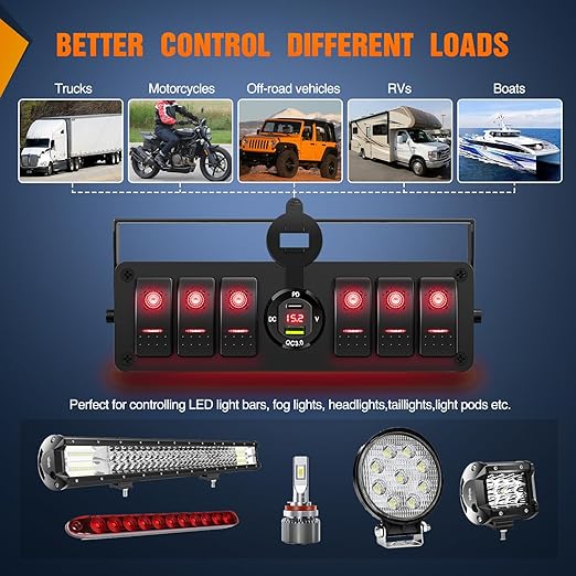 Nilight 6 Gang Rocker Switch Box 12V SPST ON Off Toggle Switches PD Type C and QC 3.0 USB Charger Voltmeter LED Light Waterproof Aluminum Mount Bracket Panel DIY Stickers for Boat Car RV Truck