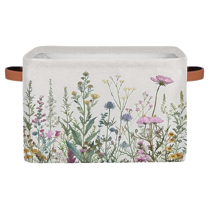 Wildflowers Plants Storage Baskets for Organizing, Fabric Collapsible Storage Bins Box Spring Esthetical Decorative Toy Organizer Baskets for Closet Shelves Gift Basket 1 Pc