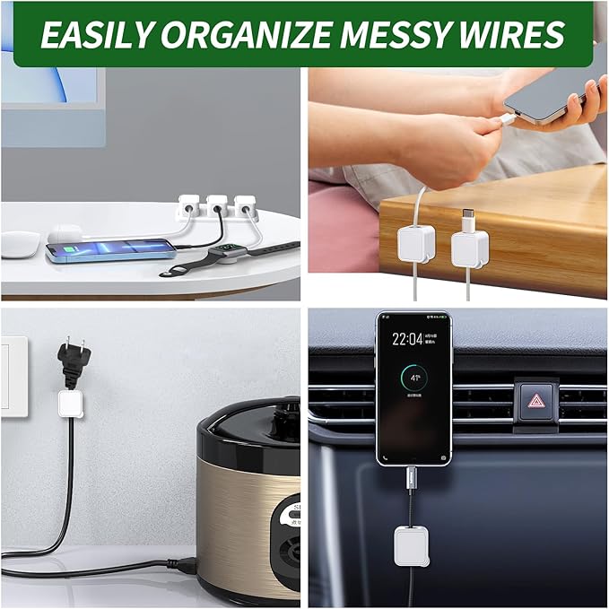 Magnetic Cable Organizer for Desk – Upgraded Wire Clips with Adhesive Base – Desktop Cord Holder for USB, Charging Cables – 6 Clips + 1 Magnetic Base (White)