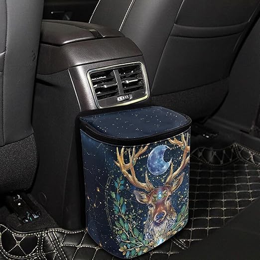Talayituse Deer Moon Print Car Trash Can Portable Auto Garbage Bin Multifunctional Vehicle Interior Accessories with Adjustable Straps Universal Fit Truck SUV Sedan