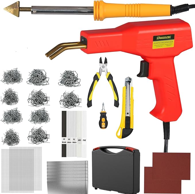 Plastic Welder Kit, 800 PCS Hot Stapler Plastic Repair Kit For Car Bumper Crack Repair, Plastic Welding Kit With Plastic Iron, Plastic Rods,Mesh,Abrasive Paper,Aluminum Tape(RED)