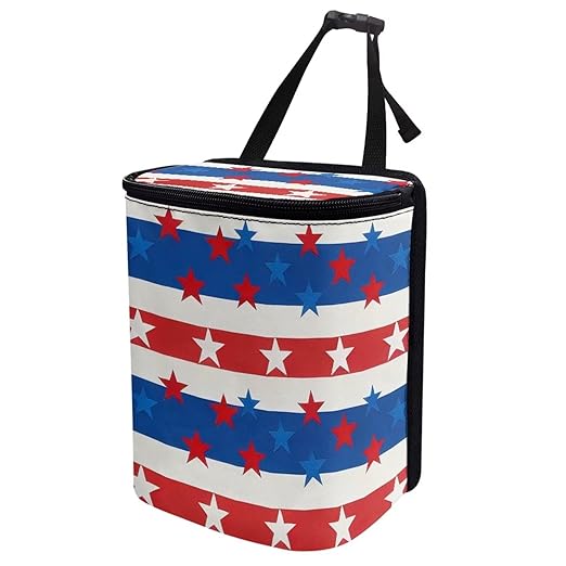 Talayituse American Flag Star Print Car Trash Can with Lid, 4th of July Leak Proof Auto Trash Bag Hanging Vehicle Garbage Can Multipurpose Storage Container for Back Seat Road Trip