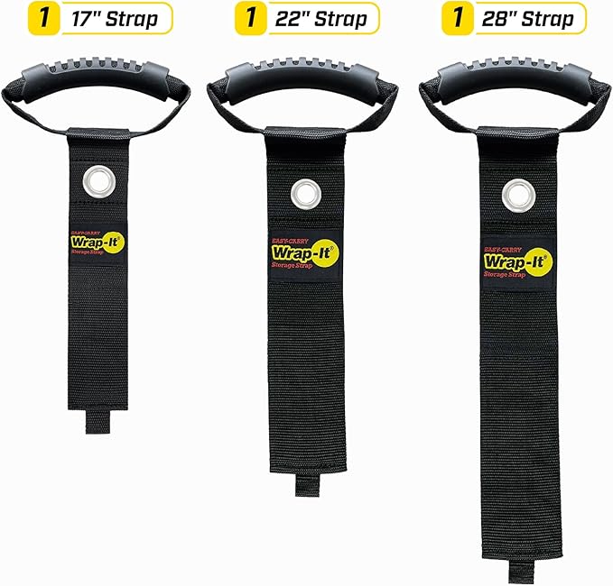 Easy-Carry Wrap-It Storage Straps - Assorted 3-Pack Black with Grommet - Power Cord Organizer Carrying Straps for RV Hose Storage and Accessories
