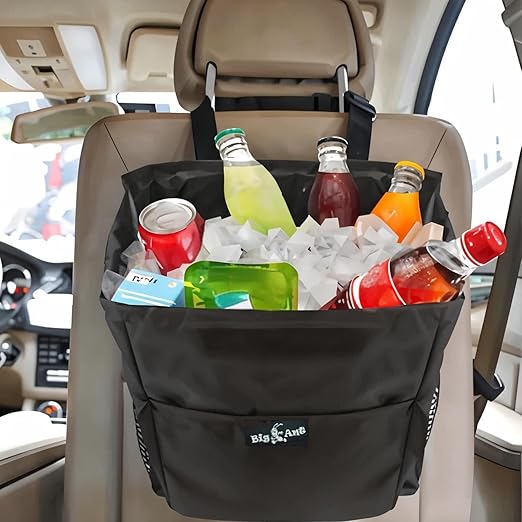 Big Ant Car Trash Can with Lid - 2.5 Gal 100% Leak-Proof Automotive Garbage Bag with Storage Pockets - Waterproof Travel Cooler & Organization Accessories for Family Road Trips and Daily Commute