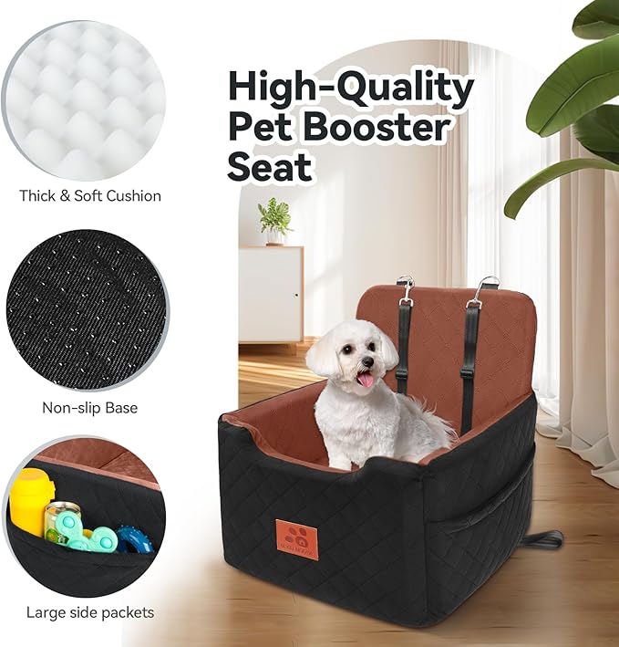 GL GLENSLAVE Dog Car Seat for Small/Medium Dogs Under 35lbs,Memory Foam Dog Booster Seats,Detachable and Washable Traval Pet Car Seat, Dogs Bed with 2 Safety Belts(Balck/Brown)