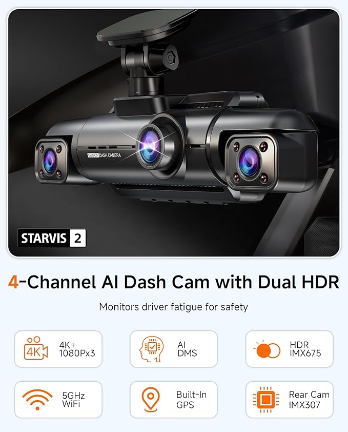 4K STARVIS 2 Dash Cam Front and Rear, 360° 4 Channel Dash Camera for Cars, Car Video Recorder with AI Driver Monitor System, Free 64GB Card, 5GHz WiFi GPS, WDR Night Vision HDR,24H Parking Mode(N900)