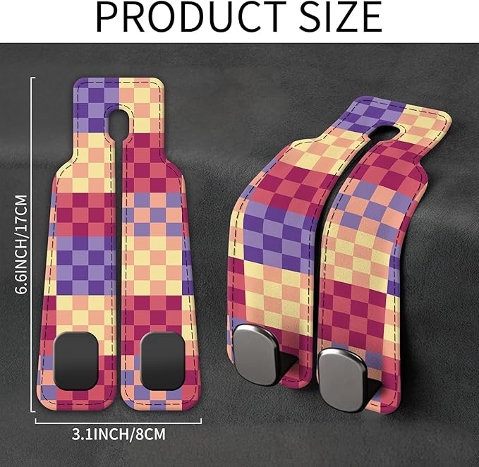 Car Seat Back Storage Headrest Hook, Premium Leather Double Metal Hook, Hanger Storage Organizer for Purse Cloth Bag, Car Interior Accessories Cute Colorful Plaid
