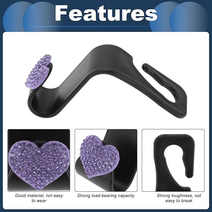 Car Seat Headrest Hook Interior Accessories for Most Car, SUV, Truck Car Seat Back Organizer Hooks Plastic Rhinestone Sturdy Purple 2.4"x1.26"