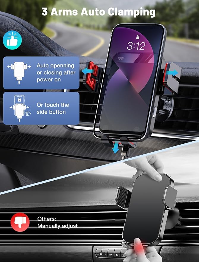 Wireless Car Charger, MOKPR Auto-Clamping Car Mount 15W/10W/7.5W Fast Charging Air Vent Car Phone Mount Compatible with iPhone 15/14/13/13 Pro/12 Pro Max/12/11/10/8 Series, Samsung Galaxy Series Red