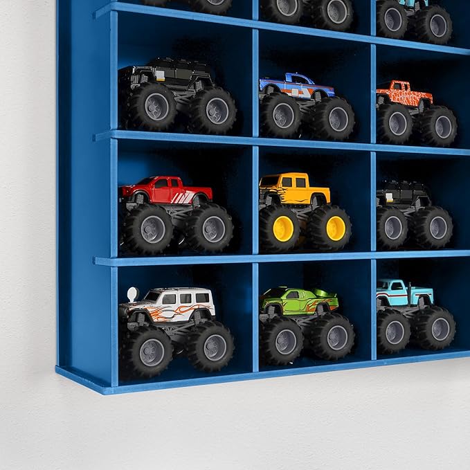 Trucks Display Shelf, 15 Slot Toy Cars Display Case, Wall Mounted Toy Truck Storage Organizer Holder, Blue