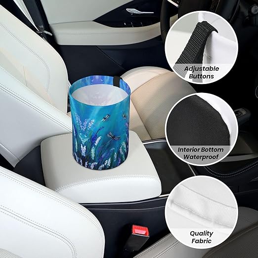 Purple Flowers and Cute Dragonfly Car Trash Can Leak Proof Hanging Waterproof Garbage Can Multipurpose Trash Bin for Car SUV Front Seat Headrest Collapsible and Portable Storage Pocket