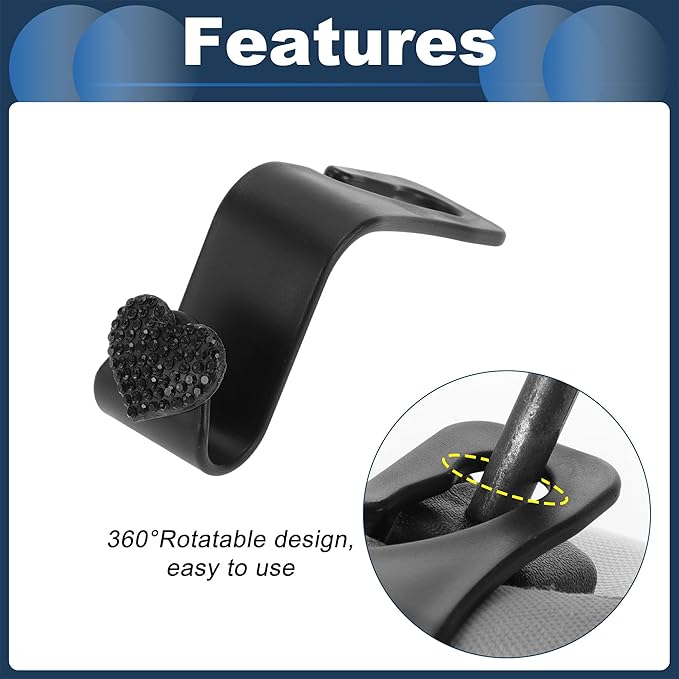 Car Seat Headrest Hook Interior Accessories for Most Car, SUV, Truck Car Seat Back Organizer Hooks Plastic Rhinestone Sturdy Black 2.4"x1.26"