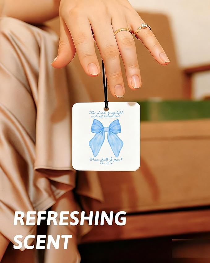 Blue Christian Car Air Freshener 4 Pcs, Girly Blue Bow Floral Religious Hanging Air Freshener for Cars Closet Drawer Books, Cute Preppy Christian Car Accessories Mirror Decor for Women