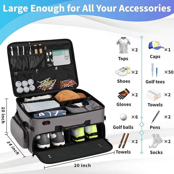 Mogplof Extra Large 2 Layer Golf Trunk Organizer, Golf Gifts for Men Golfers, 20"x 14"x 10" Water-Resistant Car Durable Golf Organizer for 2 Pair Shoes, Balls, Tees, Clothes, Gloves, Accessories