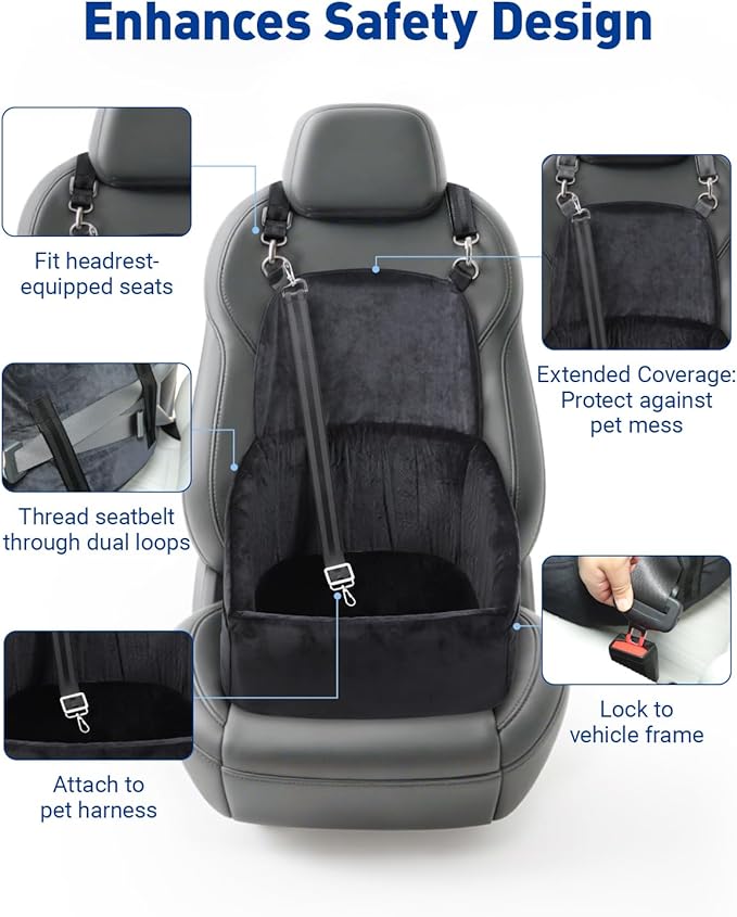 NUPIDA Dog Car Seat for Small Medium Dogs, Dog Booster Seat with Extendable Backrest, Pet Portable Car Seats up to 30 lbs, Washable Travel Bed with Storage Pockets and 2 Safety Leashes, Black