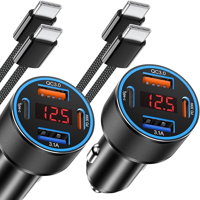 65W iPhone Car Charger Fast Charging, 2Pack 4 Port USB C Fast Car Charger+6ft Type C to C Cable, Dual USB-C&USB-A Cigarette Lighter Adapter with Voltmeter for iPhone 17 16 15 Pro Max,iPad,Galaxy,Pixel