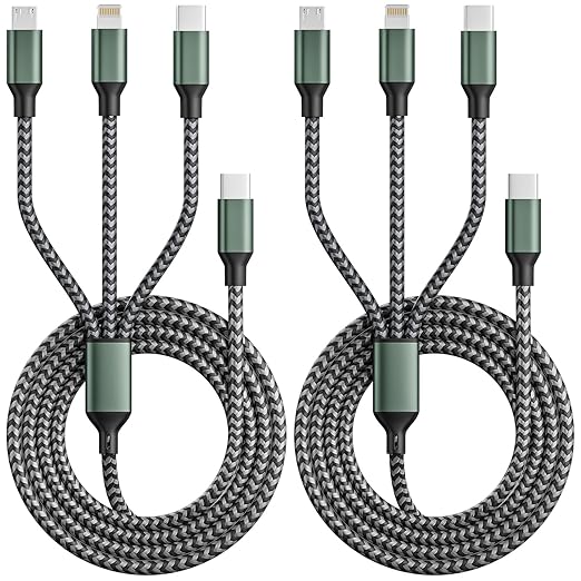 3 in 1 USB C to Multi Charging Cable, Travel Charger Cables for Multiple Devices, Universal Multiple Charger Cord with Type-C/IP/Micro Port for iPhone16/15/14/Cell Phones and More (2Packs 4FT)