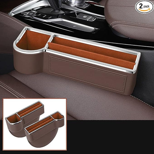 SANRILY 2 Pack Car Seat Gap Filler Organizer with Cup Holder Universal Fashion PU Leather Multifunctional Car Center Console Organizer with USB Hole Brown