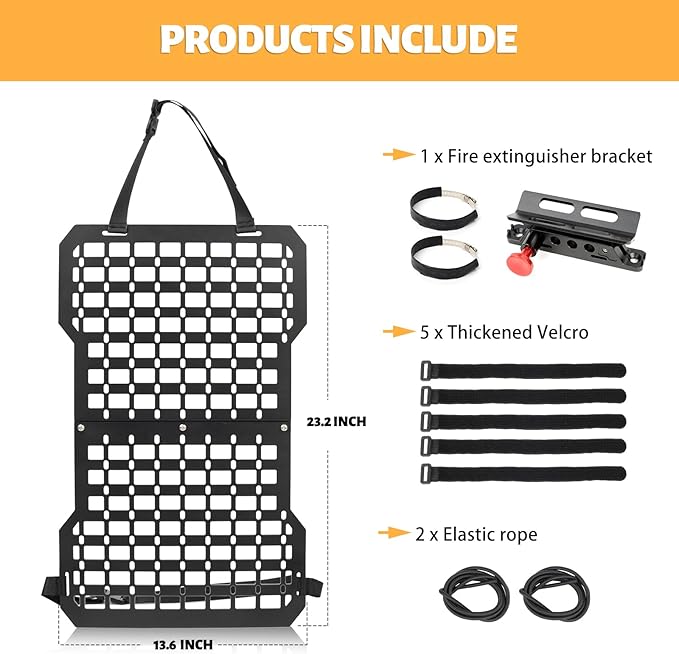 MAIKER Rigid Molle Panels For Vehicles Truck Mount Rack Tactical Seat Back Organizer with Fire Extinguisher Mout & Hook and Loop Fasteners & Elastic Rope for Storage Gears Accessories, Black