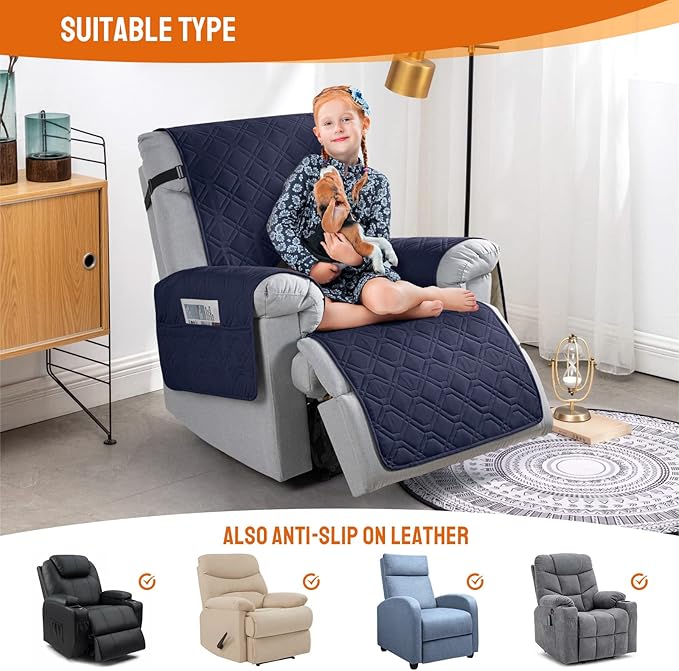 VANSOFY 100% Waterproof Recliner Chair Covers, Recliner Cover Non-Slip Dog Chair Cover Furniture Protector Washable Slipcover with Pocket, Elastic Straps for Pets, Dogs(Dark Blue, 20")