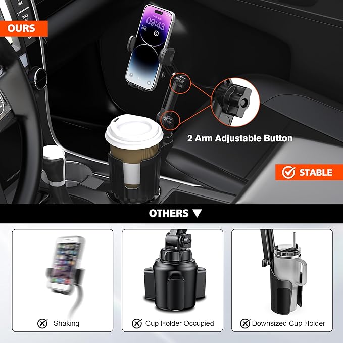 Newlest 2 in 1 Phone Mount for Car Cup Holder with Adjustable Base, Holders for Car Cupholder, No Shaking 360° Flexible Neck Phone Mount for All 4-7” Smartphones, Cup Holder for Most Bottles