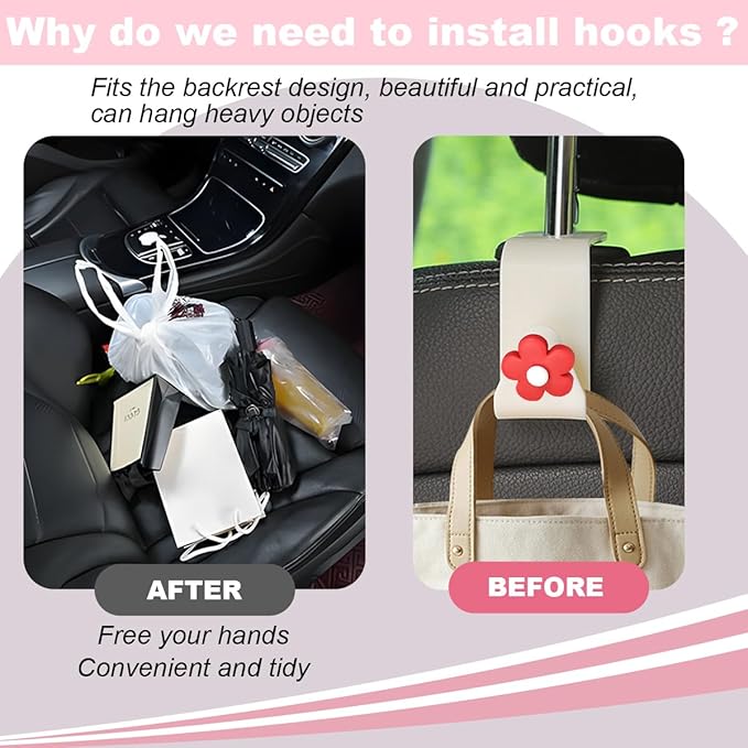 4 PCS Car Headrest Hook, Multifunctional Flower Vehicle Seat Back Storage Hook, Cute Automotive Seatback Organizer Hanger for Purse Grocery Bag Handbag, Universal Fit (Beige/Red)