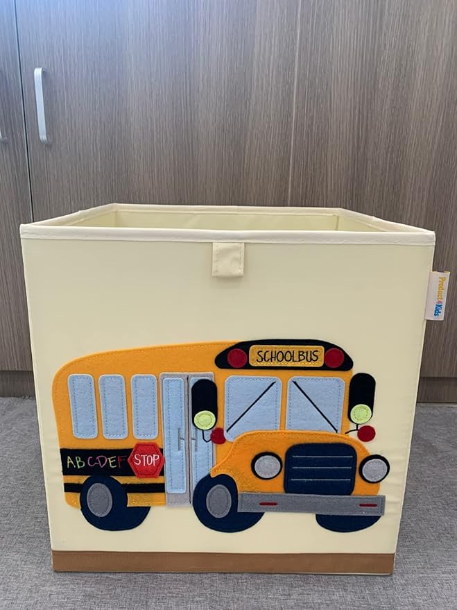 Washable Cube Storage Organizer Bins, Foldable Canvas Toy Organizers and Storage for Toys, Books, Clothes- Kids Storage Bins for Bedroom or Playroom -13x13x13 Inch (School Bus)