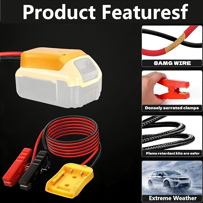 2FT Jumper Cables for Car with Adapter, Silicone Wire 8AWG Alligator Clip car Jumper Starter Jumper Cable, Used for Jumper Starting of car or Tool Batteries, Compatible with DE.Walt 20V Batteries.