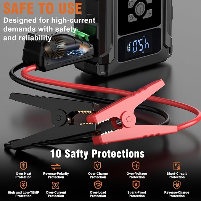 Jump Starter with Air Compressor, 3000A Car Battery Jump Box for 8.5 Gas/6.5L Diesel Vehicles, 150PSI Tire Inflator Auto-Shutoff, 10 Safety Modes, 3-Mode Emergency Light