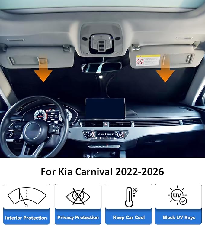 Windshield Sun Shade for 2022-2026 Kia Carnival Accessories, Car Front Window Sun Visor & Heat Shield | 240T Sunshade Protection Blocks UV Rays Keep Your Car Cooler