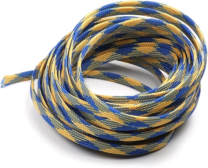 Aicosineg 32.81ft PET Flexible Braided Cable Sleeve 0.33inch Width Wire Loom Sleeving and Organizer Flexible Wire Mesh Sleeve Wrap Protector for TV Audio PC Cords from Pets Chewing Blue and Yellow