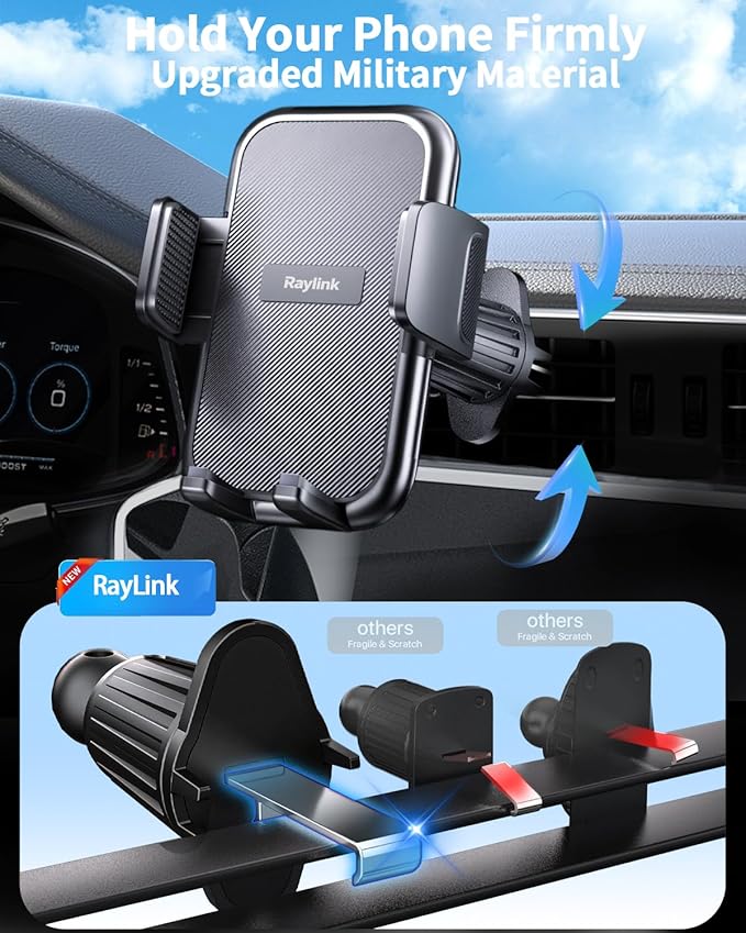 RayLink【2026 True Military-Grade Car Phone Holder【Upgraded Strongest Suction & Clip】 Universal Cell Phone Mount Truck Stand for Dashboard Windshield Vent for iPhone 17 Pro Max 16 15 Samsung