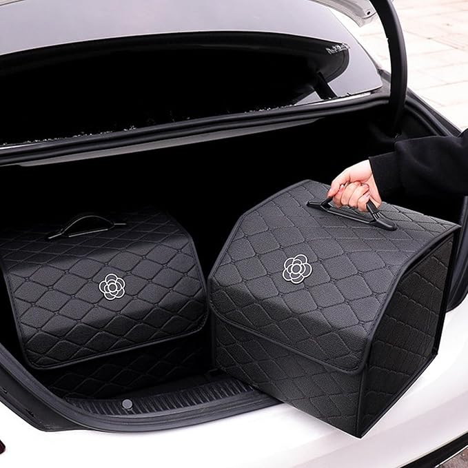 Tissting Car Storage Box, 13 x 12.2 x 11.42 Inch PU Leather Trunk Suv Organizer with Lid, Black Garage Cargo Organizer for Camping Picnic Shopping