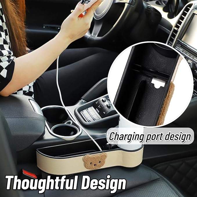 2 Pack Leather Cup Holder for Car Seat Gap Organizer Cute Bear Multifunctional Car Seat Storage Box for Mug Phone Keys Beige