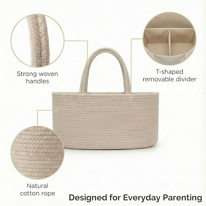 luxury little Diaper Caddy Organizer, Large Cotton Rope Nursery Baby Basket, Changing Table Organizer for Baby Diaper Storage, Portable Car Organizer Removable Divider (Oatmeal, Large)