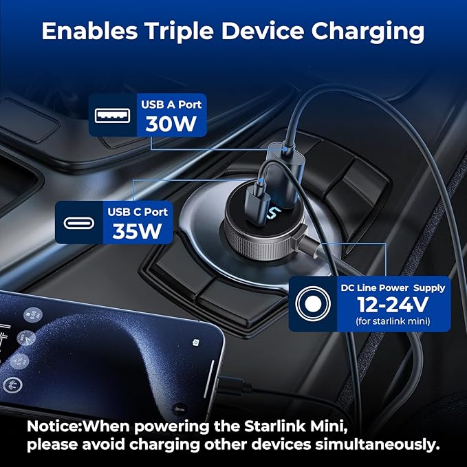 Starlink Mini Cable, 3 in 1 Starlink Mini Car Charger DC Power Cable+ Cigarette Lighter Adapter 12V-48V with Digital Display, Durable USB C PD 40W and USB A 35W Ports for Trucks and Cars (16.4FT)