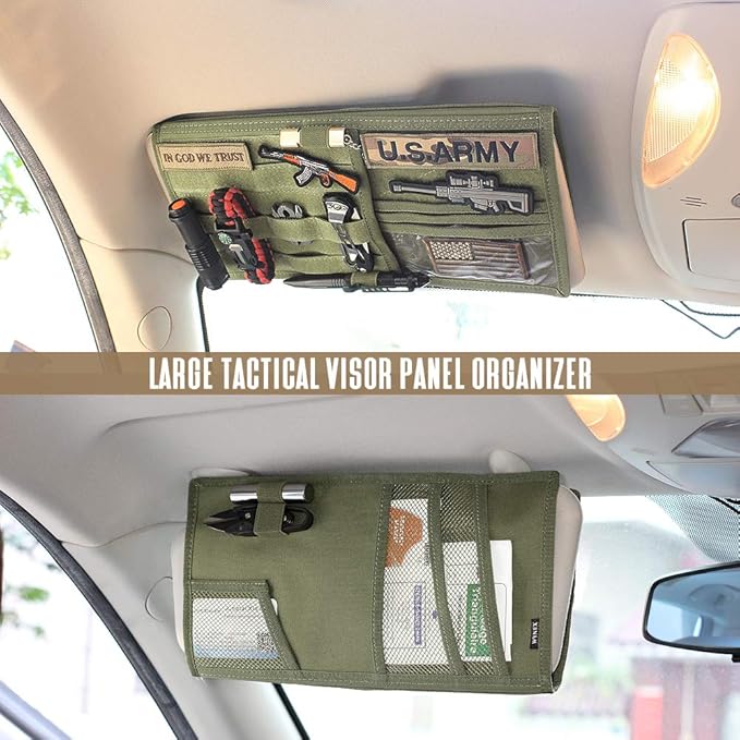 WYNEX Car Sun Visor Organizer with Double-Sided Folding MOLLE Panel, Auto Sun Visor Storage for Essentials & Tactical Gear, Compatible with Cars, Pickup, Trucks, Vans, SUVs