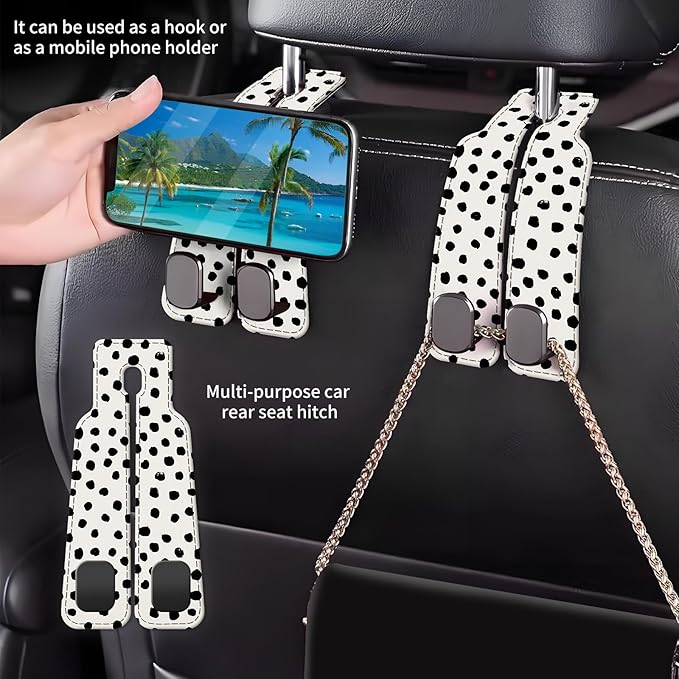 Car Seat Back Storage Headrest Hook, Premium Leather Double Metal Hook, Hanger Storage Organizer for Purse Cloth Bag, Car Interior Accessories Black White Polka Dots