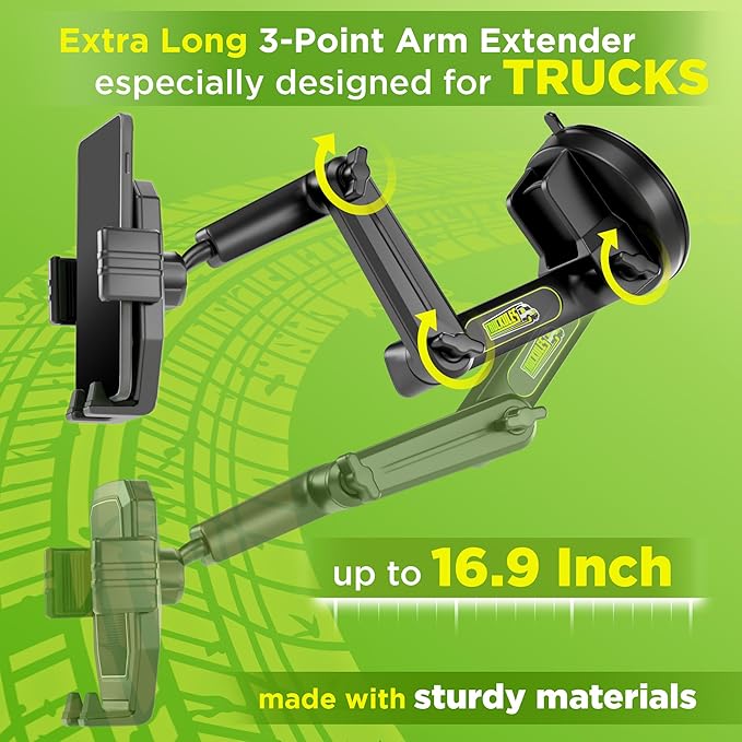 Cell Phone Mount for Truck Phone Holder for Truck Drivers - Heavy Duty Suction Cup + Dashboard Pad, iPhone Holder for Dashboard Window 16.9 inch Long, for iPhone & Samsung, Commercial Trucker, Black