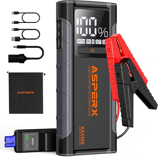 AsperX AX4500 Jump Starter, 4500A Peak Car Jump Starter for Up to All Gas and 10.0L Diesel Engines, 12V Battery Starter with 4 Inch LCD Display, Lithium Battery Booster with Built-in LED Light
