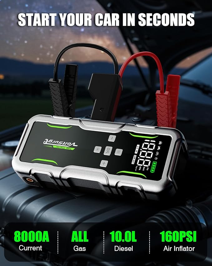 8000A Jump Starter with Air Compressor, 12V Portable Battery Jumper Starter Pack(All Gas/10.0L Diesel) for Car, Jump Box with 150PSI Auto Tire Inflator, LCD Display & Lights