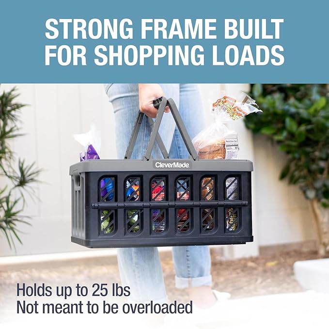 CleverMade Collapsible Shopping Basket with Handles – 24L Collapsible Grocery Tote, Plastic Storage Baskets Fold Flat, Stackable Collapsible Storage Bins for Car & Home - Stone