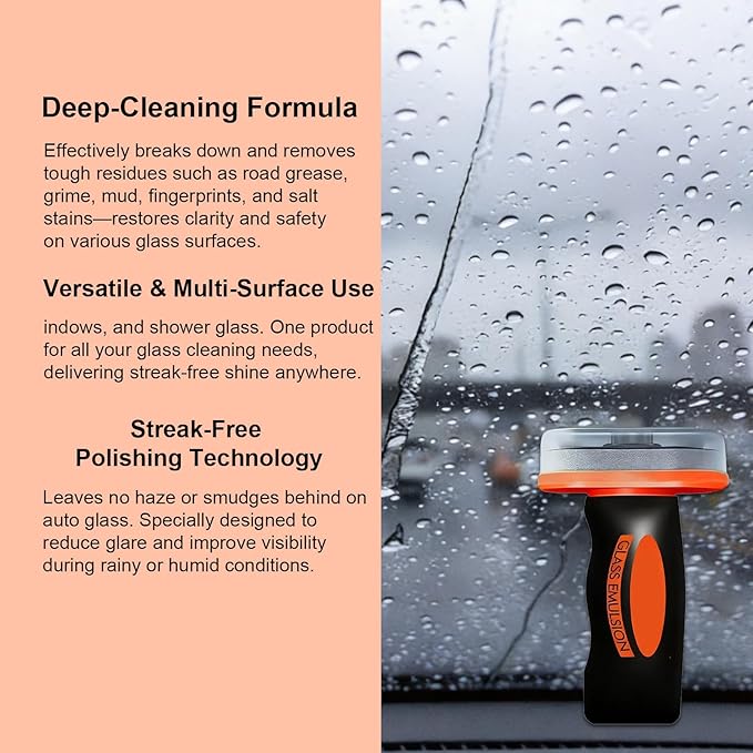 Glass Oil Film Removal for Car -auto glass cleaner& glass emulsion , Removes Tough Grease, Grime, Oil Film, and Water Spots for Car, Improve Windshield Clarity,Crystal Clear View (1 Pack, 3.38oz each)