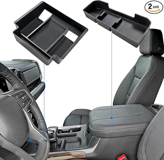 ELECFRESH 2PCS Center Console Organizer tray and Armrest Storage for 2023-2026 Chevy Silverado/GMC Sierra 1500 Accessories, 2024-2026 Silverado/Sierra 2500HD 3500HD(Only Fit Console with Bucket Seat)