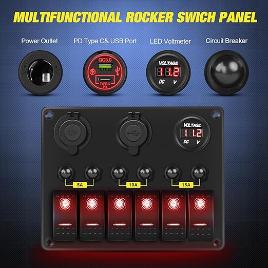 Nilight 6 Gang Rocker Switch Panel Waterproof Pre-Wired Aluminum Panels with PD Type C and USB Cigarette Lighter Socket Voltmeter 12V 24V ON Off Switches for Car Trucks Boats RVs Red