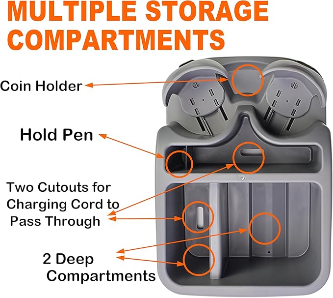 Car Console Organizer, Car Seat Organizer with 2 Adjustable Cup Holders, Center Console for Cars, Trucks, Minivans, SUVs, Vehicle Organizer, 3 Large Storage Compartment (Gray)