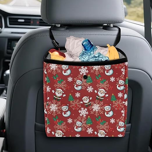 Snowman Snowflake Pattern Garbage Bag and Water Resistant Trash Can for Car, Leakproof Trash Can for SUV Truck Christmas Car Accessories(Red)