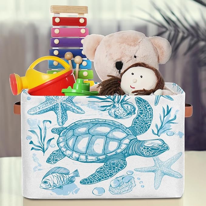 Sea Turtle Storage Baskets for Organizing, Fabric Collapsible Storage Bins Box Ocean Animal Fish Decorative Toy Organizer Baskets for Closet Shelves Gift Basket 2Pcs