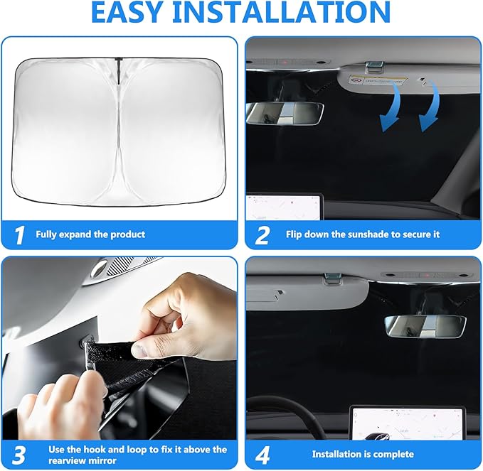 2026 Windshield Sun Shade for Tesla Model Y & Model 3 Lightweight Easy Foldable Car Windshield Sunshade - Sunlight and Dashboard Protection Accessories (Silver)